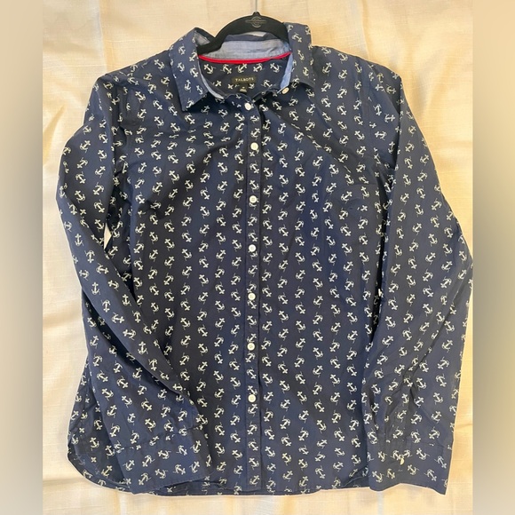 Talbots 12 blouse, Button-Down shirt, Navy Blue and White Anchors Nautical - Picture 4 of 7